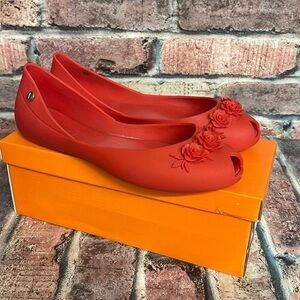 Red Peep-Toe Flats with Floral Detail